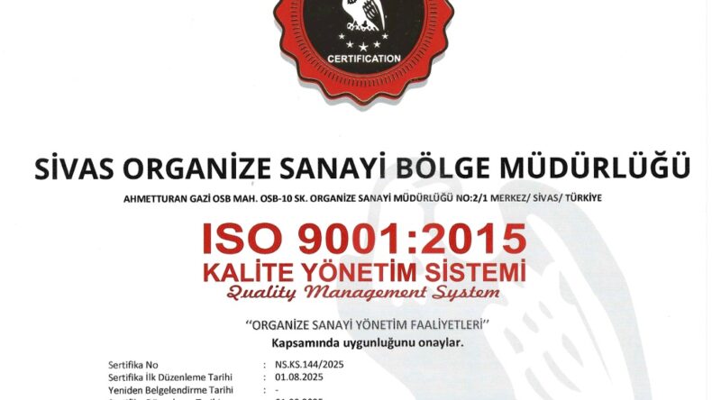 SİVAS MERKEZ OSB, ISO 9001 VE ISO 14001 KALİTE BELGELERİNİ ALDI